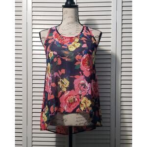 B Jewel Sheer Tank Top Women's Small Floral Lace Back Panel High-Low Hem Relaxed